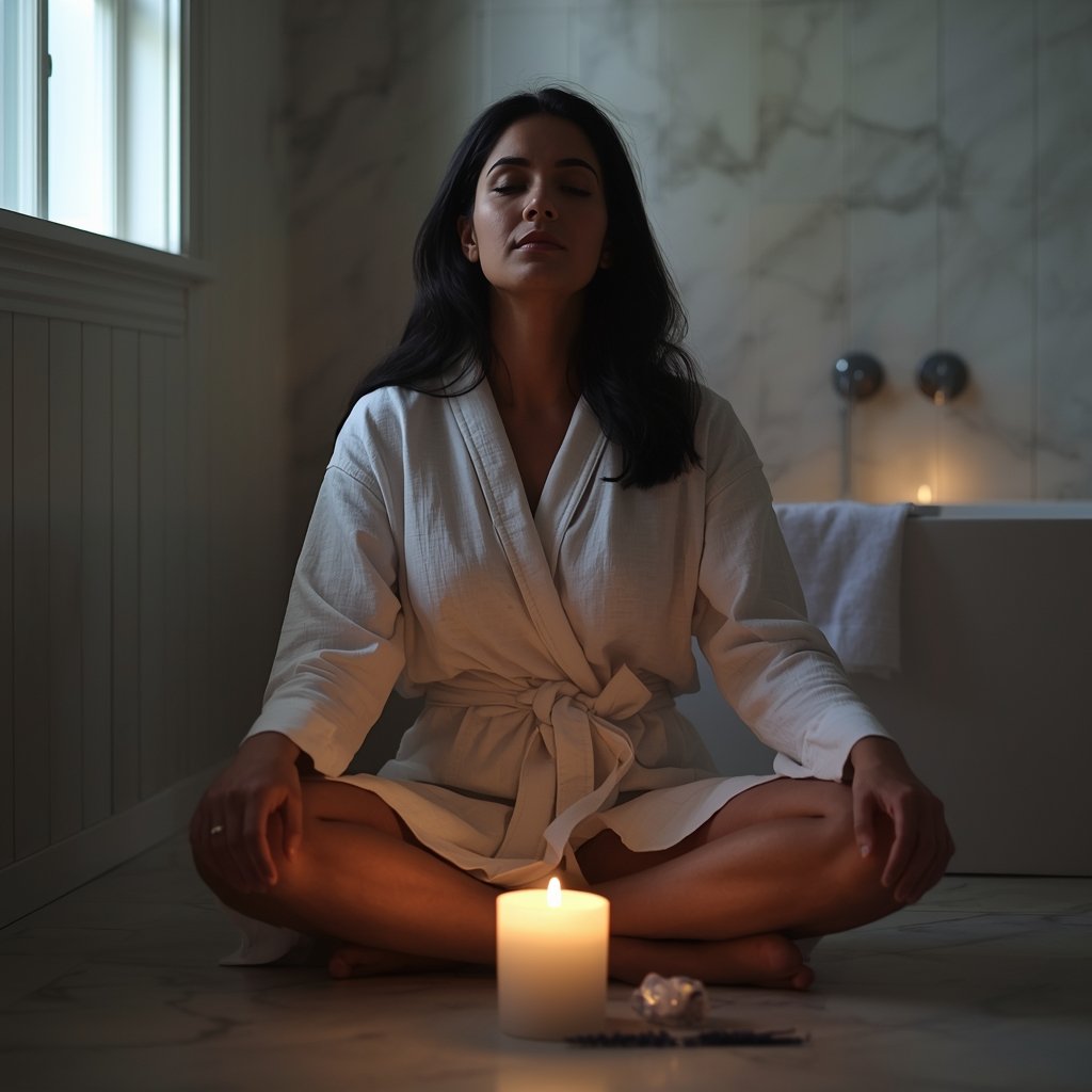 mulher sentada no chão do banheiro meditando com vela acesa pedra da lua e lavanda com luz da lua cheia representando os benefícios espirituais e emocionais do banho de lua cheia