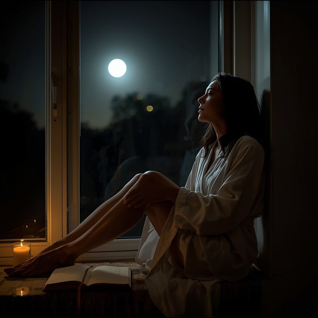 mulher de roupão branco sentada junto a janela olhando a lua cheia com vela acesa e diário aberto ao lado representando momento de silêncio gratidão e presença após o ritual de banho de lua cheia