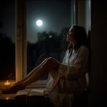 mulher brasileira de roupão branco tocando ervas em tigelinhas de cerâmica com roda zodiacal no caderno cristais e velas representando banho de lua para cada signo personalizado com ervas e intenções astrológicas