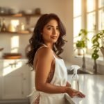 mulher brasileira segurando frasco de solução natural de limpeza em cozinha organizada e iluminada representando como eliminar mofo e energia ruim da casa de forma eficaz e segura