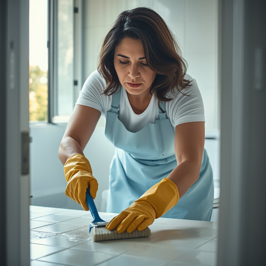 mulher brasileira com luvas de borracha esfregando azulejos do banheiro com escova e solução natural com janela aberta ao fundo representando como fazer a limpeza do mofo cômodo por cômodo de forma eficaz