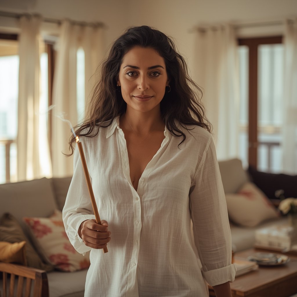 mulher brasileira caminhando pela sala com palo santo aceso soltando fumaça branca com janelas abertas e cortinas ao vento representando ritual de limpeza energética do lar após eliminação do mofo