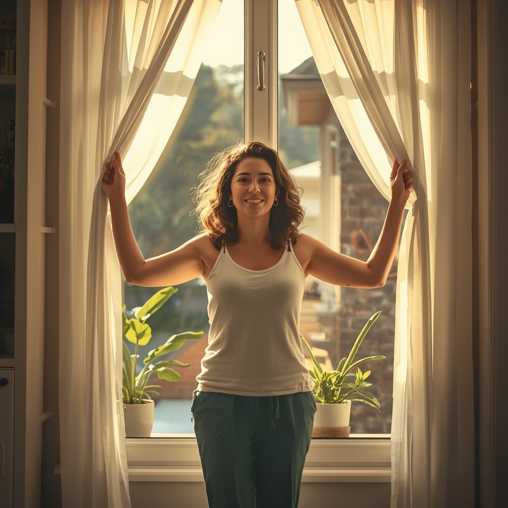 mulher brasileira abrindo janela grande deixando luz solar dourada e ar fresco entrar em cômodo limpo e organizado com plantas no parapeito representando ventilação diária como hábito essencial para prevenir mofo