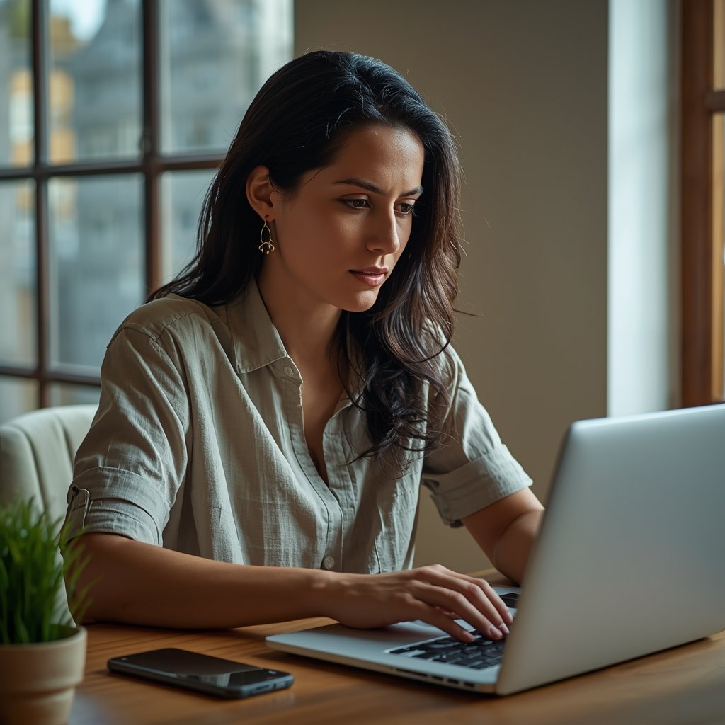 mulher iniciando timer no celular em mesa de trabalho com expressão focada e calma representando o início de um ciclo pomodoro com base na neurociência da produtividade