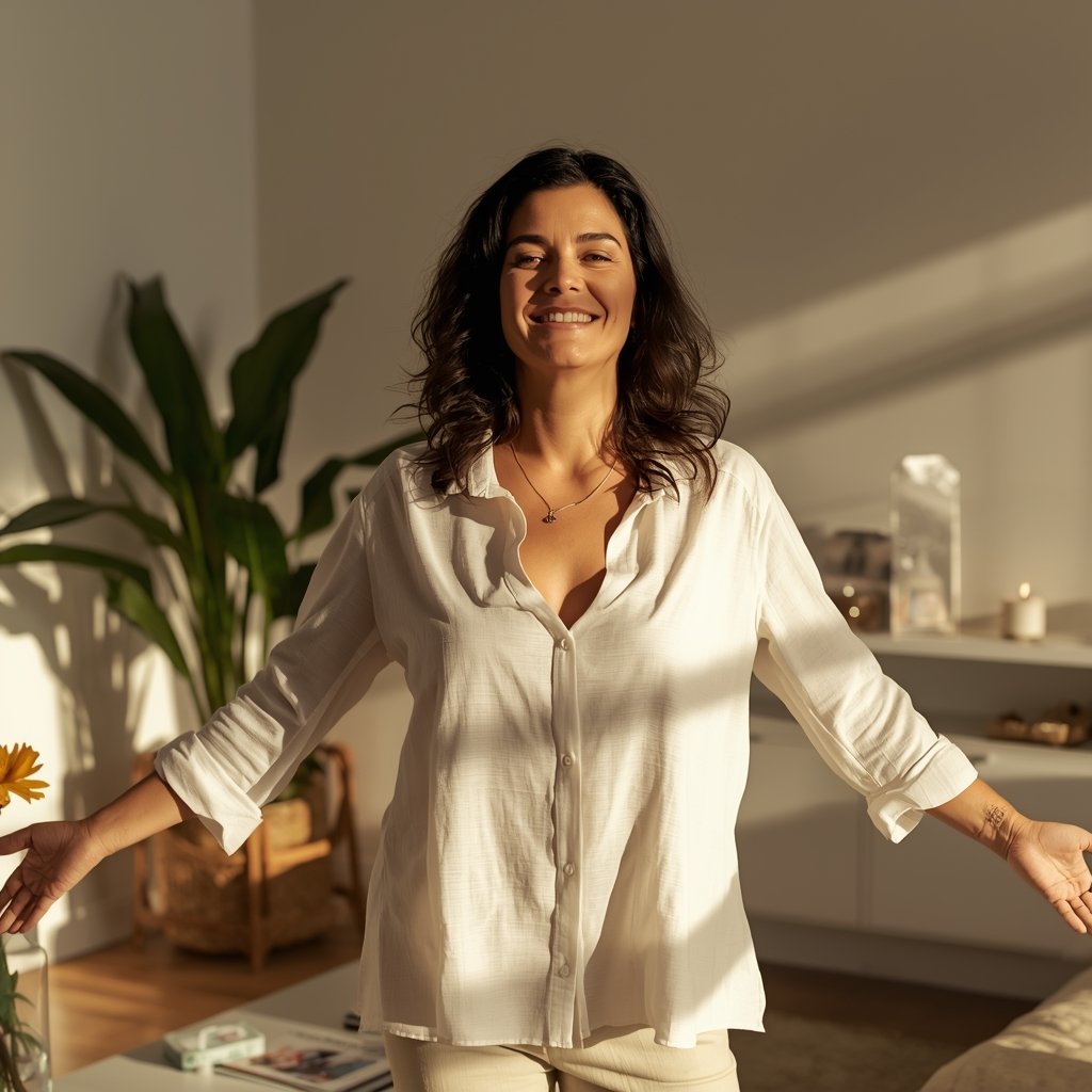 mulher brasileira de braços abertos no centro de sala limpa iluminada e organizada com flores frescas planta verde vela e cristal representando resultado final de casa livre de mofo com energia renovada e leve