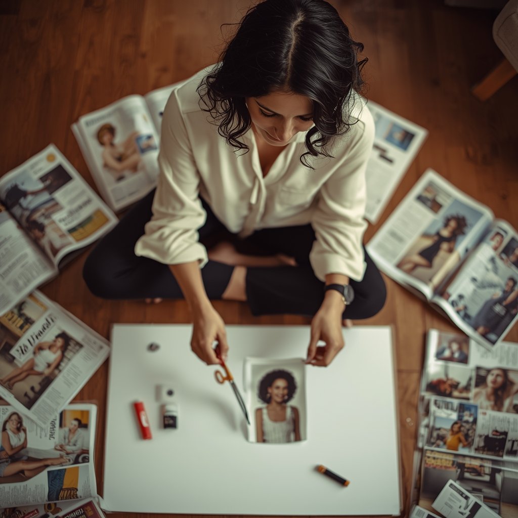 mulher brasileira sentada no chão rodeada de revistas abertas tesoura cola e cartolina branca cortando imagem com expressão focada e animada representando o processo criativo de montar um quadro dos sonhos passo a passo em casa
