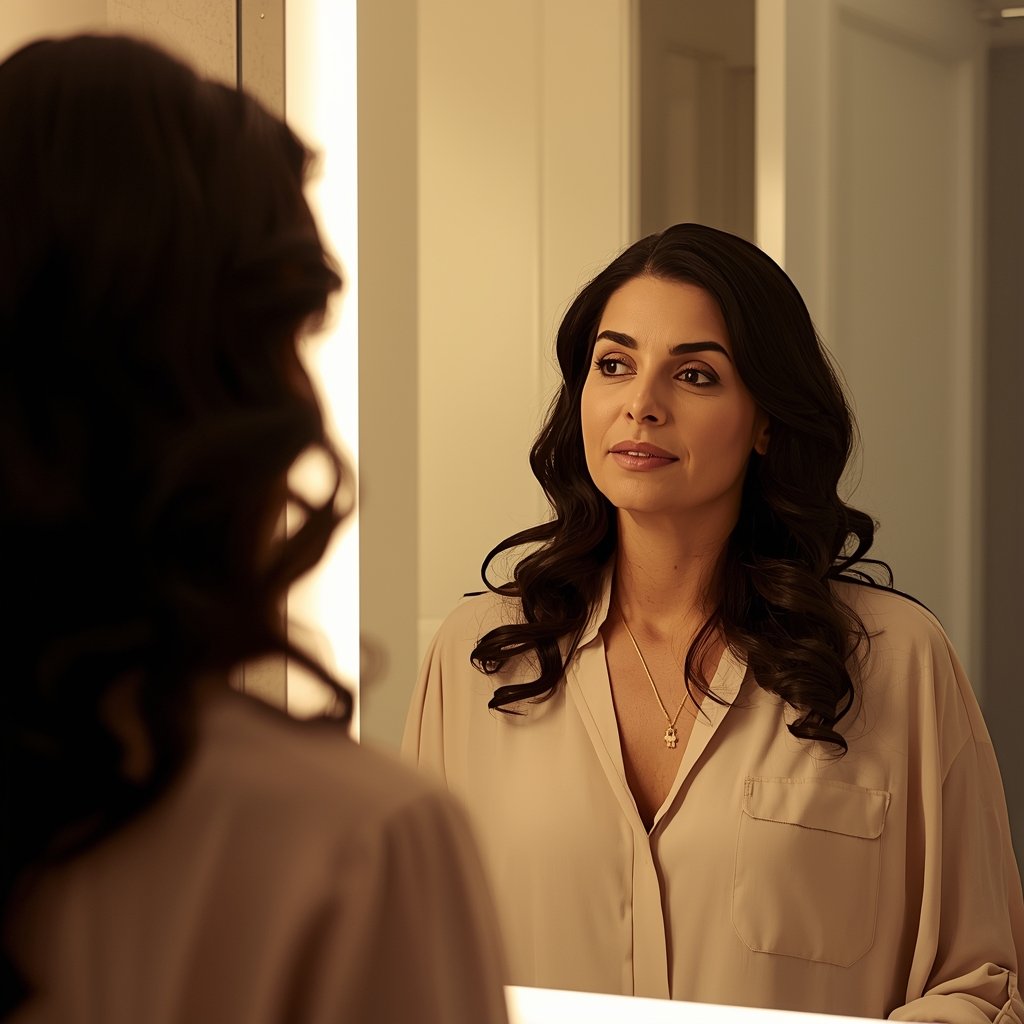 mulher brasileira diante do espelho com expressão confiante e consciente como se pronunciasse uma afirmação em voz alta representando o que são frases com intenção e como dizê-las de forma presente e poderosa para si mesma