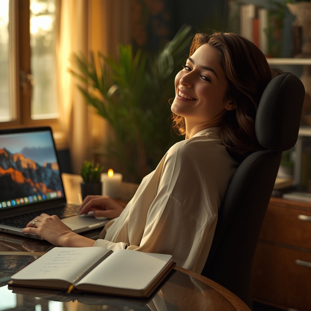 mulher recostada na cadeira com expressão de satisfação diante de laptop fechado e lista de tarefas concluídas representando fim de dia produtivo com a técnica pomodoro