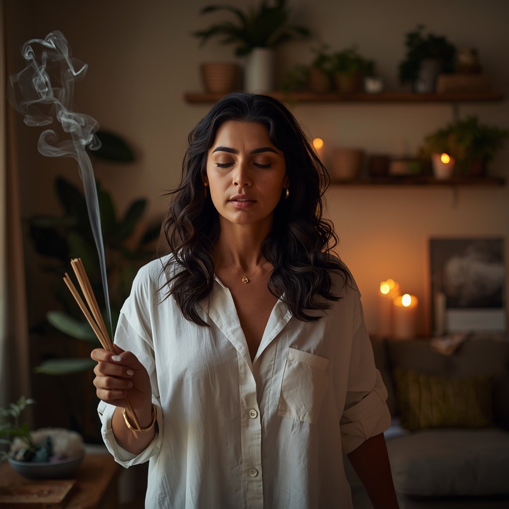 mulher caminhando pela sala com palo santo aceso e fumaça suave subindo representando ritual de limpeza energética para manter energia positiva em casa