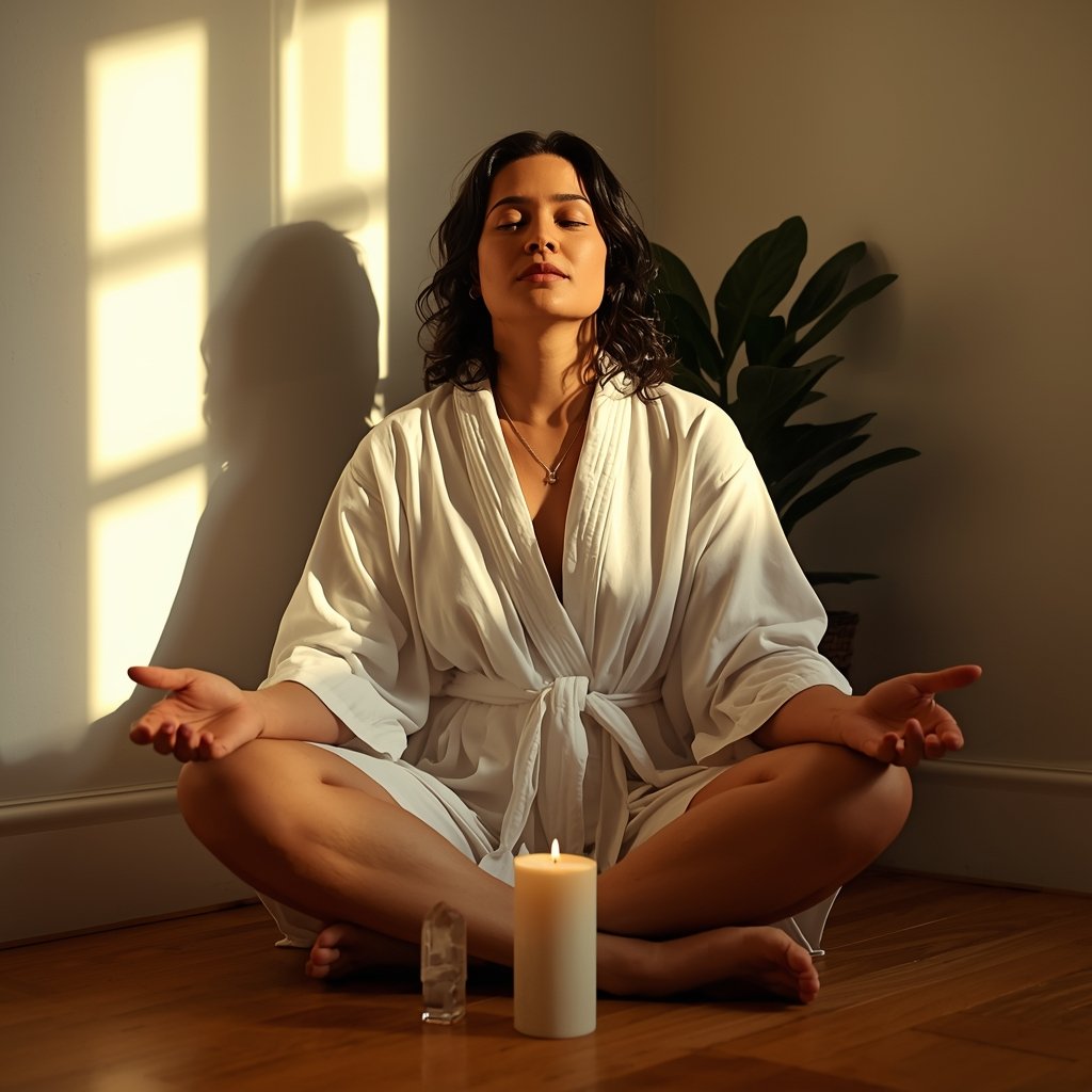 mulher de roupão branco meditando com vela acesa e quartzo transparente em cantinho aconchegante representando ritual de intenção para manter energia positiva em casa