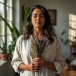 mulher brasileira segurando maço de ervas secas mistas incluindo sálvia lavanda e alecrim com expressão serena representando ervas para purificar a casa e atrair energia positiva