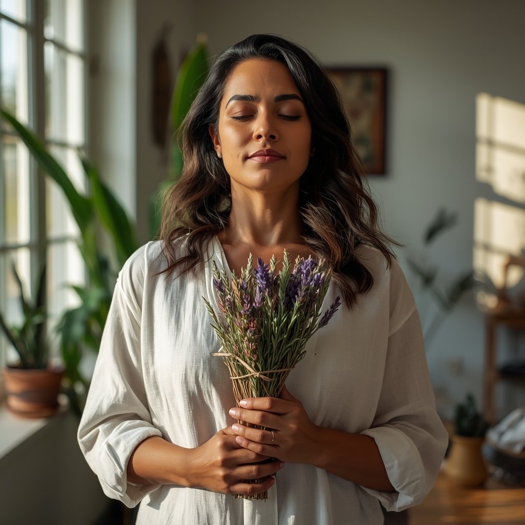 mulher brasileira segurando maço de ervas secas mistas incluindo sálvia lavanda e alecrim com expressão serena representando ervas para purificar a casa e atrair energia positiva