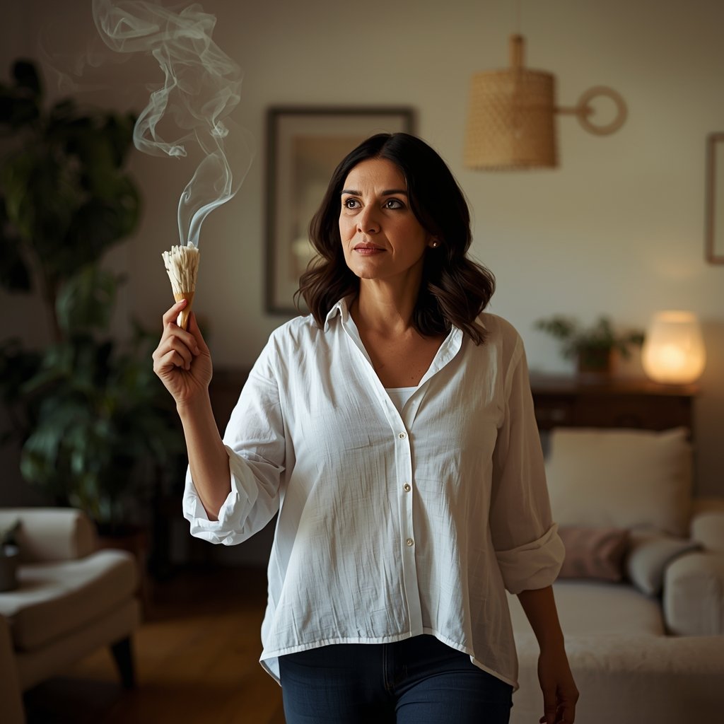 mulher defumando sala com maço de sálvia branca acesa e fumaça branca subindo suavemente representando limpeza energética com sálvia para purificar a casa