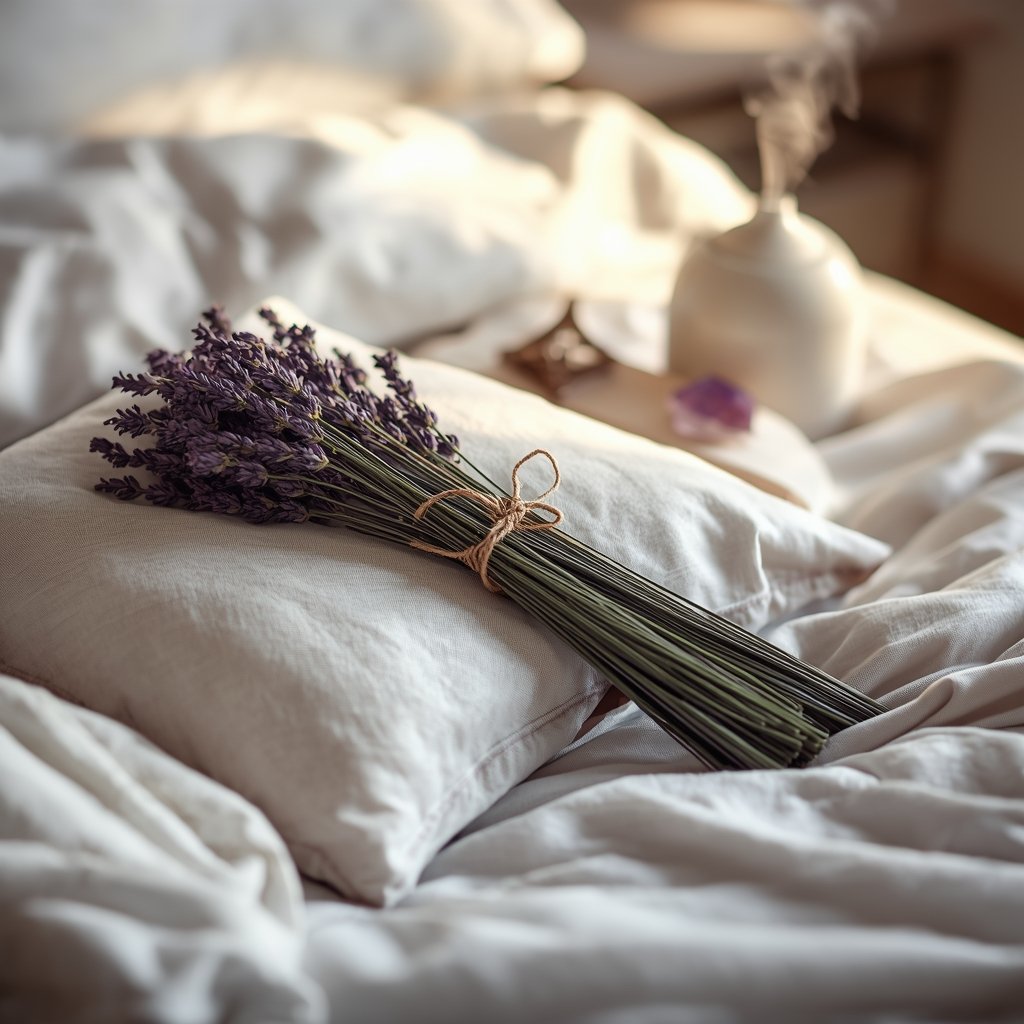 maços de lavanda seca amarrados com barbante sobre travesseiro branco com cristal ametista e difusor representando uso da lavanda para purificar o quarto e promover sono tranquilo