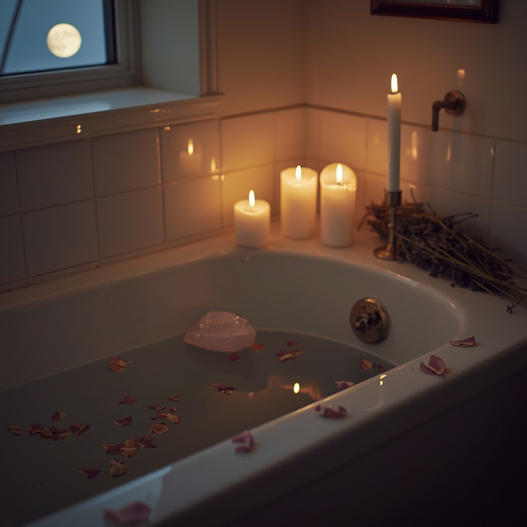 banheiro iluminado por velas brancas com cristais selenita quartzo rosa pétalas de flores secas e luz da lua representando preparo do ambiente para o ritual de banho de lua cheia