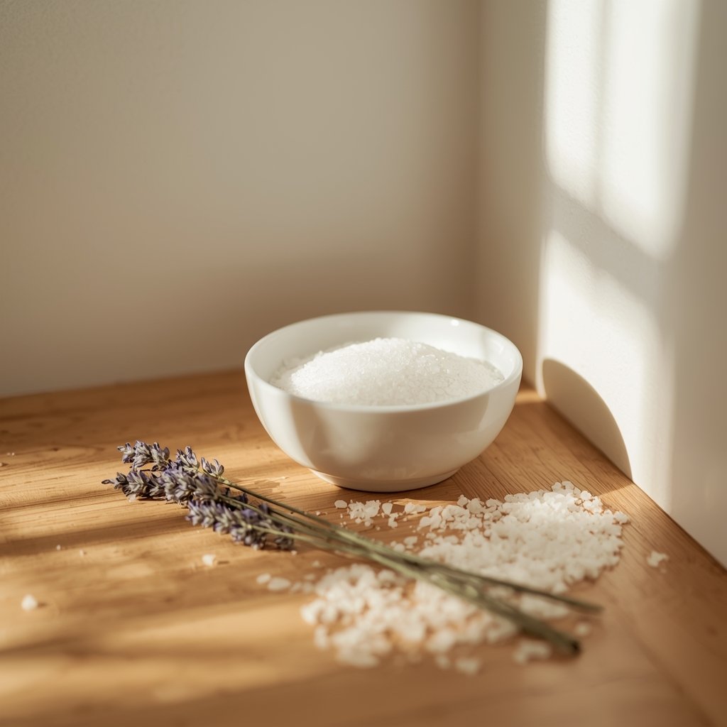 tigela branca com sal grosso posicionada no canto de cômodo com piso de madeira e ramos de lavanda seca ao lado representando uso do sal grosso para absorver energias densas após limpeza do mofo