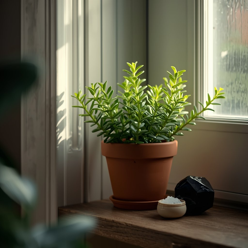 planta de arruda saudável em vaso de cerâmica ao lado de porta de entrada com turmalina negra e sal grosso representando proteção ancestral da arruda para purificar e proteger a casa
