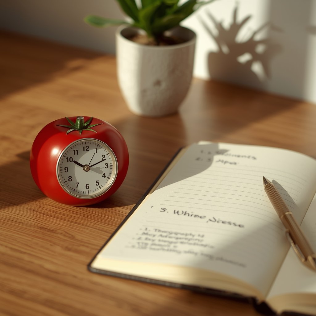 timer vermelho em formato de tomate sobre mesa de madeira com caderno aberto e lista de tarefas representando a origem e o conceito da técnica pomodoro