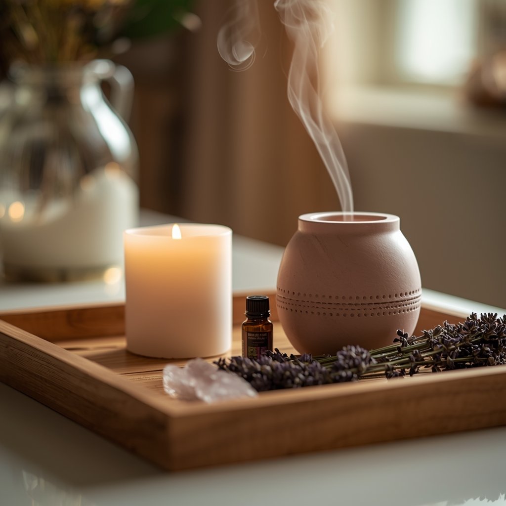 bandeja de madeira com vela acesa difusor de aromaterapia lavanda seca quartzo rosa e óleo essencial representando uso de aromas para elevar a energia positiva em casa