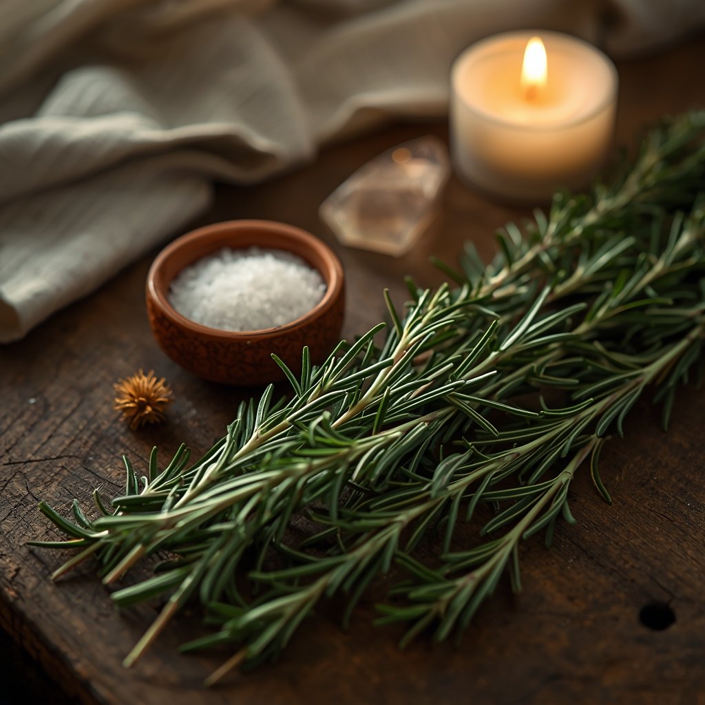 ramos frescos de alecrim sobre madeira rústica com vela acesa sal grosso e quartzo transparente representando uso do alecrim para purificar e proteger a casa energeticamente