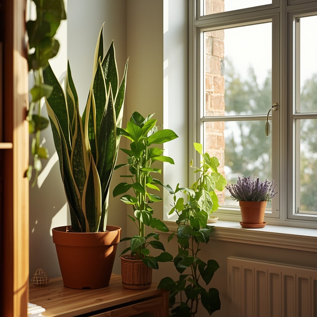 coleção de plantas saudáveis incluindo espada de são jorge pothos e lavanda em vasos de cerâmica junto a janela ensolarada representando plantas para energia positiva em