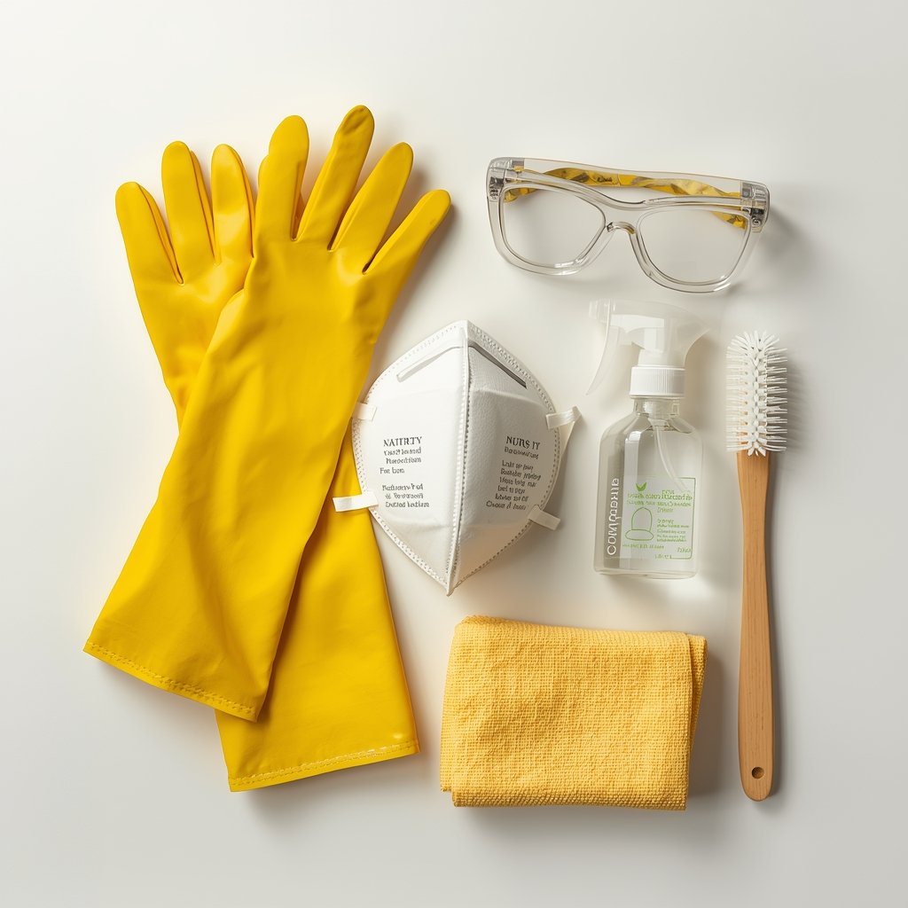 flat lay com luvas amarelas máscara N95 óculos de proteção frasco de limpeza escova e pano representando os equipamentos de proteção essenciais antes de começar a remover mofo da casa com segurança