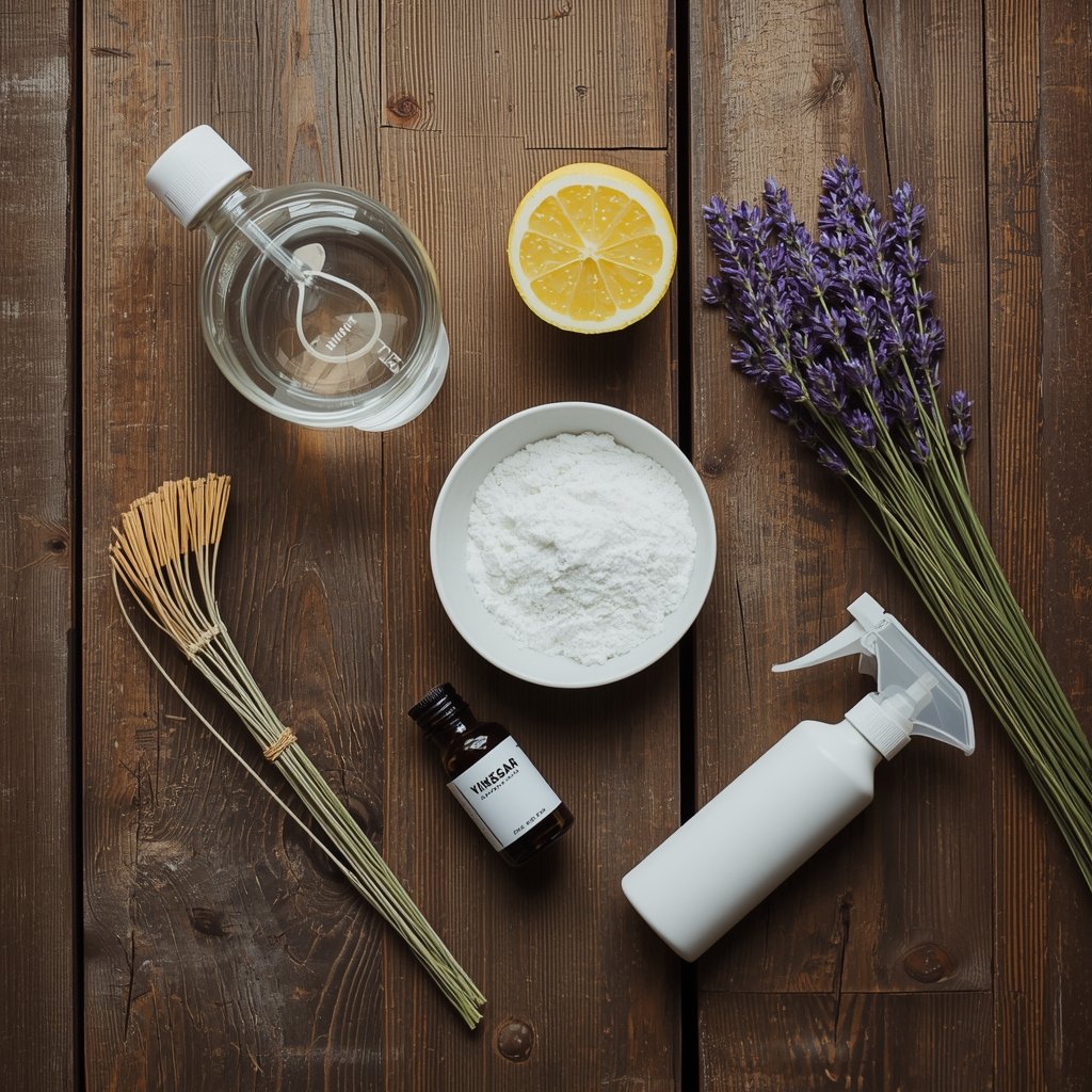flat lay com vinagre branco bicarbonato de sódio óleo de melaleuca limão lavanda e escova sobre madeira representando soluções naturais eficazes para eliminar mofo da casa sem produtos químicos agressivos