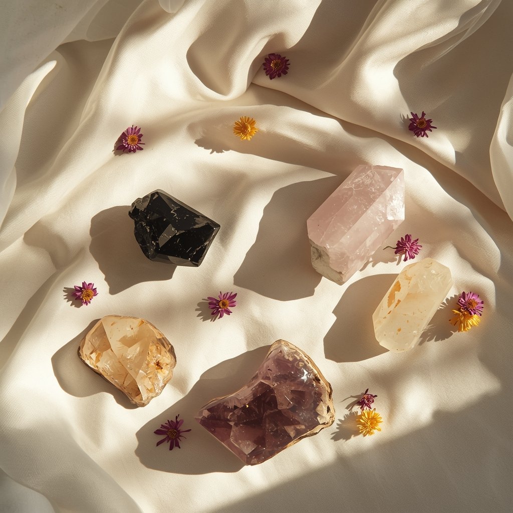 flat lay com coleção de cristais incluindo turmalina negra quartzo rosa ametista citrino e selenita sobre linho branco representando guardiões energéticos para energia positiva em casa