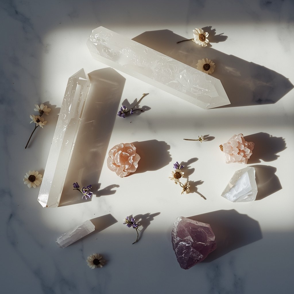 flat lay com selenita quartzo transparente quartzo rosa ametista e pedra da lua sobre mármore branco com flores secas e luz prateada da lua representando cristais para usar no ritual de banho de lua cheia