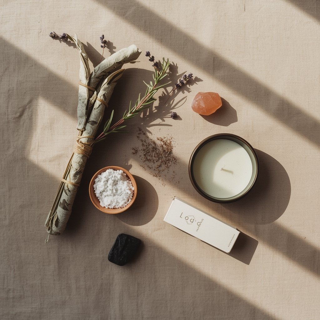flat lay com maço de sálvia alecrim lavanda turmalina negra quartzo rosa sal grosso e vela branca representando todos os elementos para fazer defumação completa com ervas para purificar a casa
