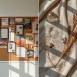 mulher brasileira segurando quadro dos sonhos cheio de imagens inspiradoras de abundância e viagens com expressão serena e intencional representando a comparação entre quadro dos sonhos e mural de intenções como ferramentas de manifestação