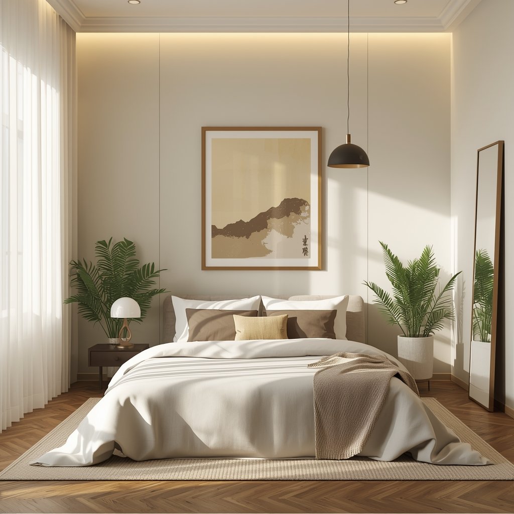 Quarto minimalista e zen com cama arrumada, luz suave e plantas, transmitindo paz e tranquilidade