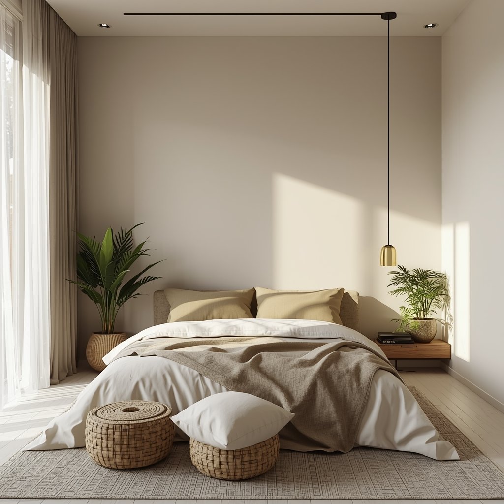 Quarto minimalista e tranquilo, promovendo descanso e equilíbrio energético