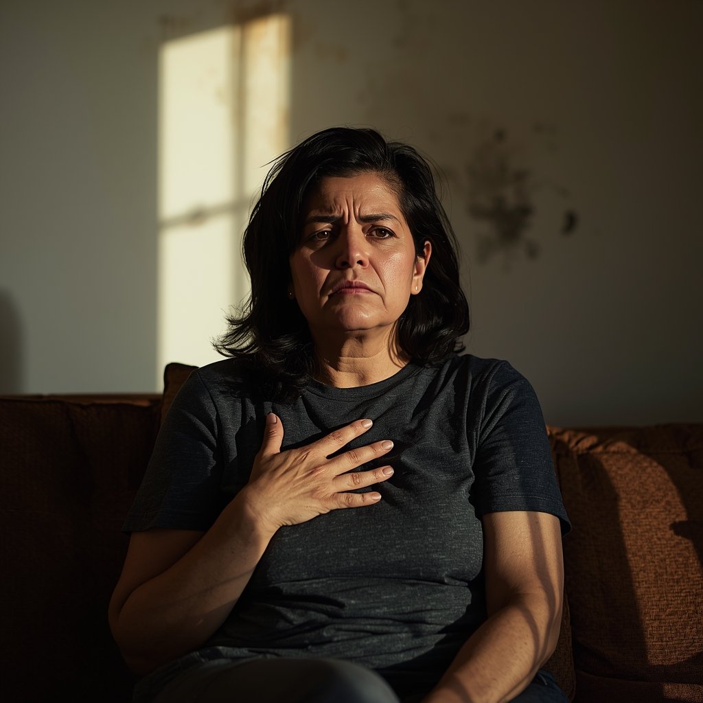 mulher brasileira sentada no sofá com expressão de desconforto físico e parede com mancha de mofo ao fundo representando os riscos do mofo para a saúde como tosse espirros e problemas respiratórios