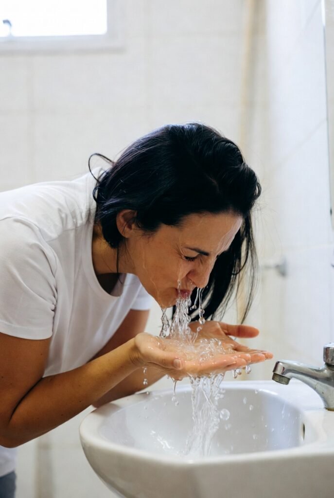 mulher brasileira no banheiro lavando o rosto com água fria com olhos fechados e expressão de alívio imediato representando a técnica da água fria para ativar o reflexo de mergulho reduzir a frequência cardíaca e interromper uma crise de ansiedade em segundos