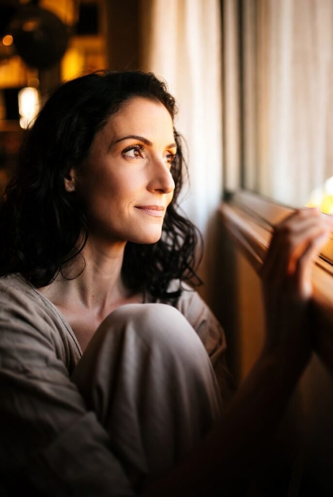 mulher brasileira tocando superfície de madeira com expressão presente e ancorada no momento olhando conscientemente ao redor representando a técnica dos 5 sentidos para trazer a mente ansiosa de volta ao presente e interromper o loop de pensamentos catastróficos