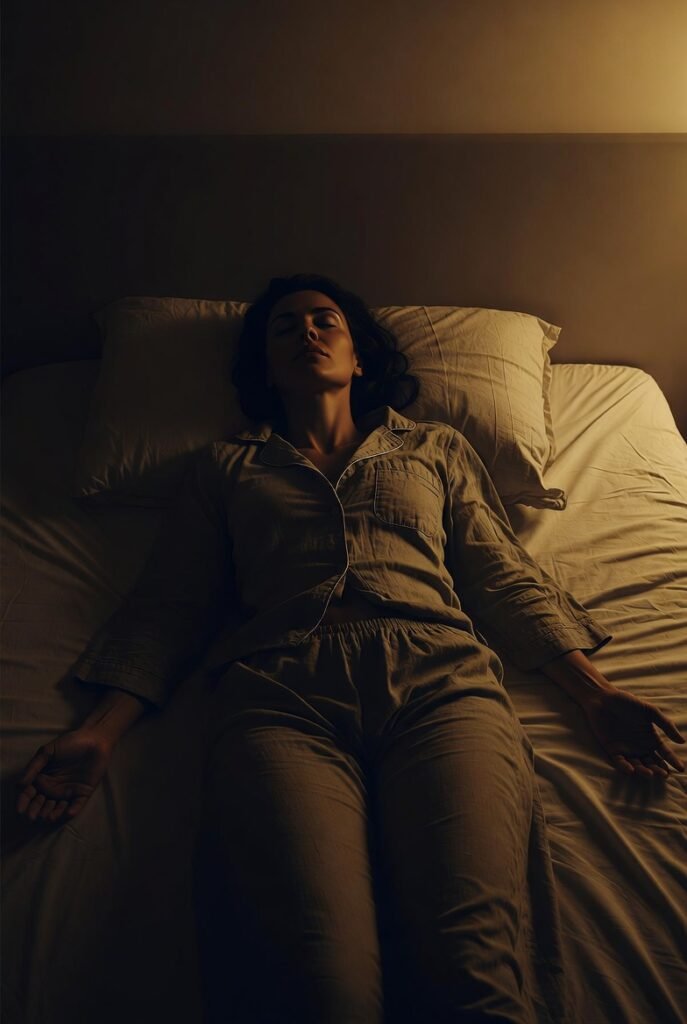 mulher brasileira deitada de costas na cama com corpo completamente relaxado de cabeça aos pés e expressão de abandono total da tensão muscular representando o método militar de relaxamento corporal progressivo para dormir em até dois minutos