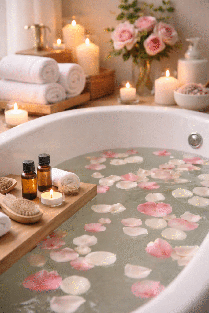 Banheira com pétalas de rosas e óleos essenciais calmantes para banho aromático que reduz ansiedade e promove relaxamento profundo