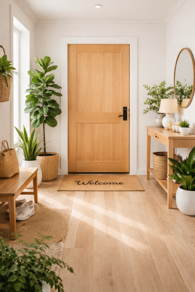 Entrada de casa organizada segundo princípios de feng shui com plantas, luz natural e espaço livre para circulação de energia positiva