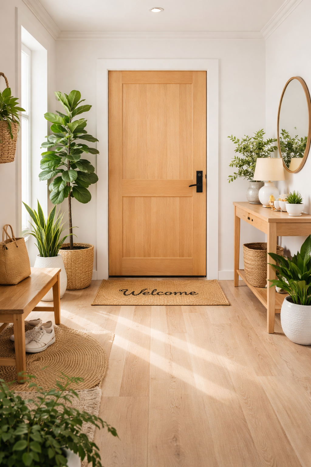 Entrada de casa organizada segundo princípios de feng shui com plantas, luz natural e espaço livre para circulação de energia positiva