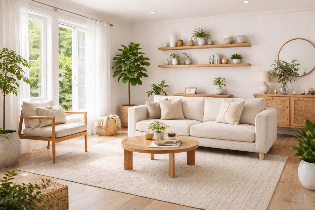 Sala organizada com princípios feng shui mostrando circulação livre de energia, objetos com propósito e espaço harmonioso