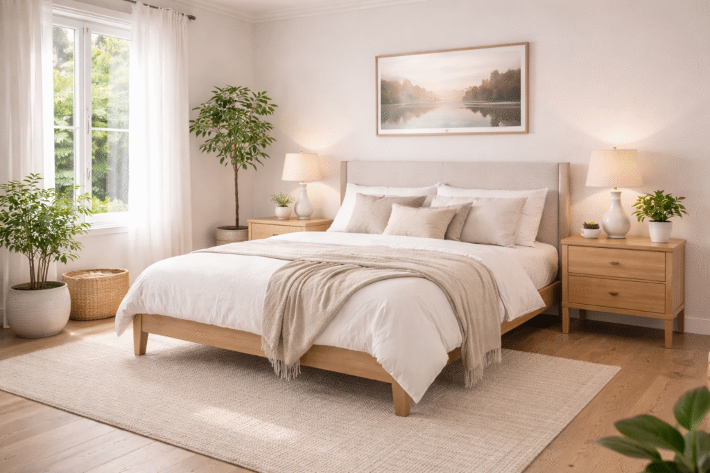 Quarto organizado segundo feng shui para sono reparador, sem espelhos na frente da cama e espaço livre embaixo para energia circular