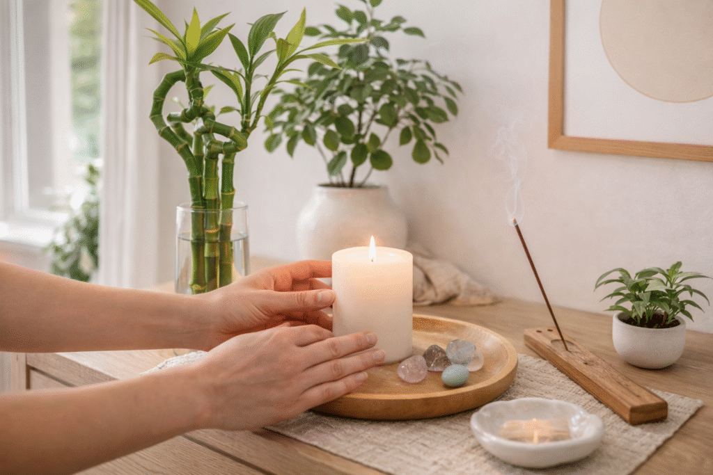 Criação de espaço feng shui com intenção consciente usando plantas, velas e elementos naturais para harmonizar ambiente