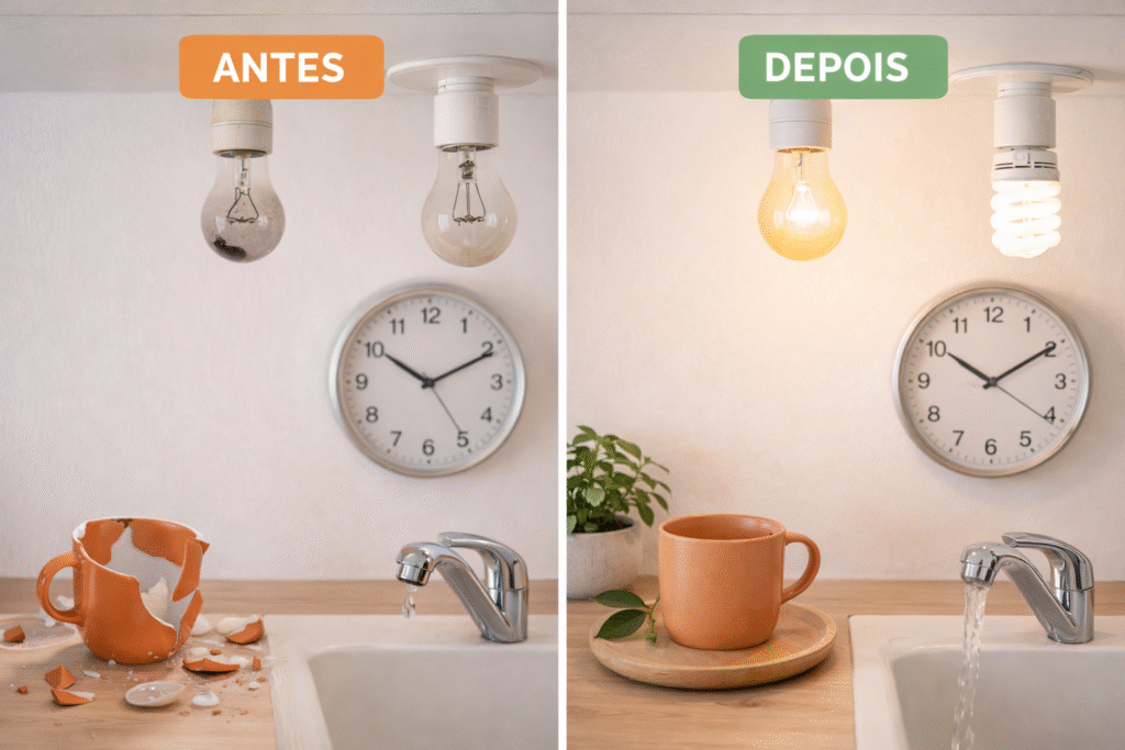 Comparação antes e depois feng shui mostrando objetos que bloqueiam energia como quebrados, relógios parados e como corrigir