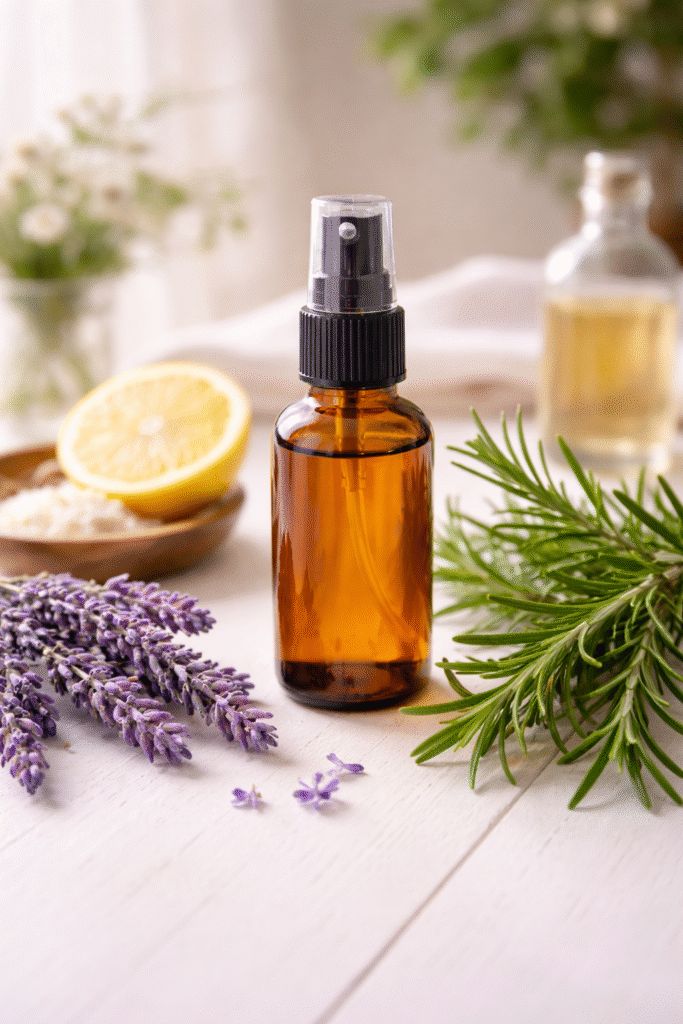 Frasco spray de aromaterapia caseira com óleos essenciais ao lado de plantas aromáticas frescas para ambiente anti-ansiedade