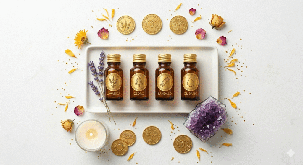 Coleção de óleos essenciais para atrair prosperidade incluindo canela, laranja doce, patchouli e bergamota com cristal citrino