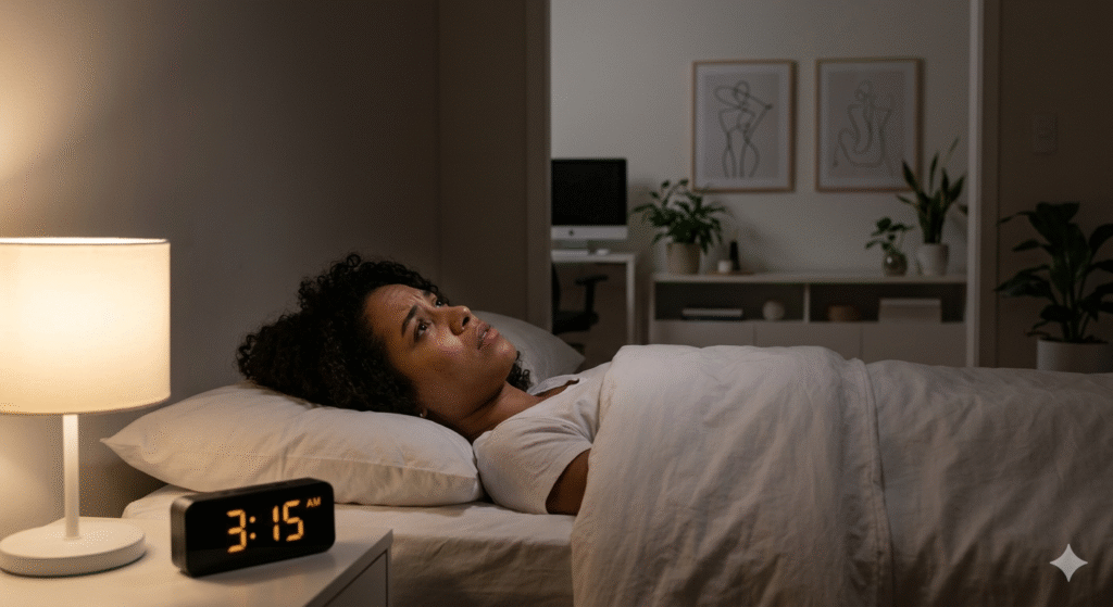 Mulher com insônia e ansiedade noturna deitada acordada na cama - sintomas de ansiedade à noite