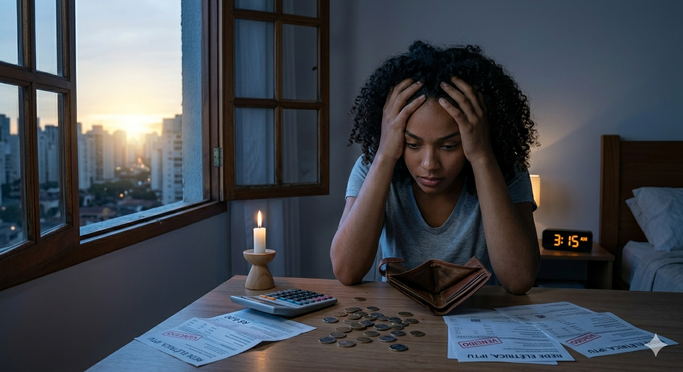 Pessoa com dificuldades financeiras e hábitos que bloqueiam prosperidade - falta de dinheiro