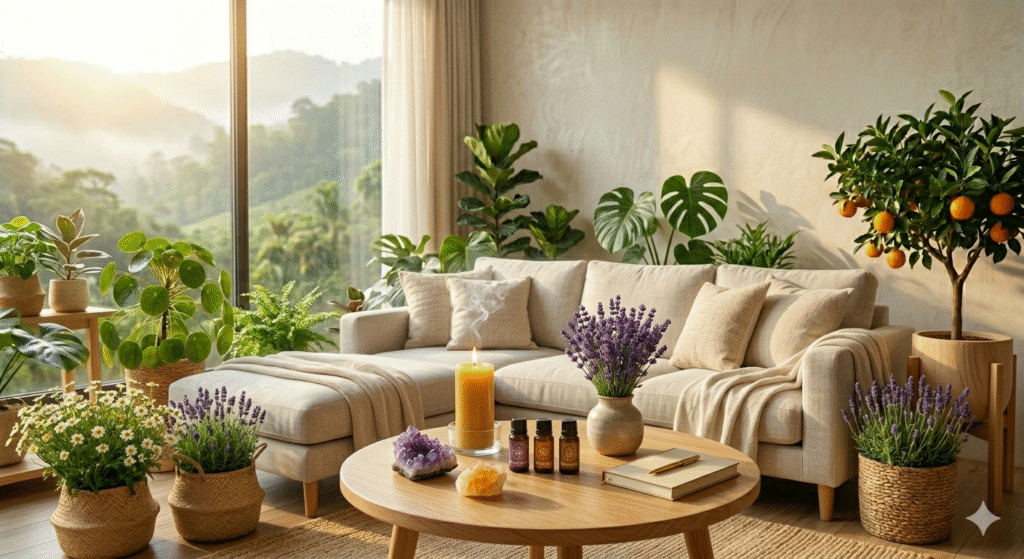 sala de estar com velas acesas e cristais, ambiente de harmonia para afirmações positivas