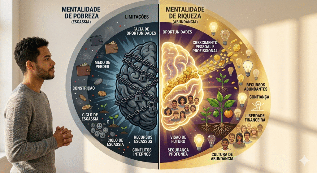 Hábitos que Bloqueiam Sua Prosperidade aparecem quando você vive no piloto automático sem intenção clara para o dia. Mentalidade de escassez vs abundância - como pensamentos bloqueiam prosperidade financeira